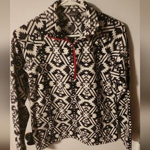 Eddie Bauer Black and White Geometric Pullover Fleece With Red Zipper